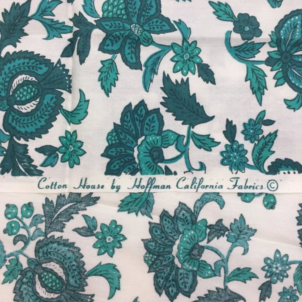 1 Yd Hoffman California Fabrics Quilting Cotton Teal Green Leaves Floral White